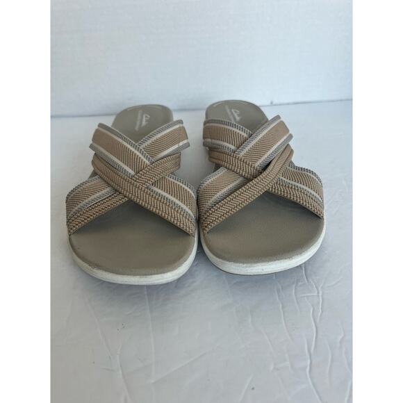 Clarks Cloudsteppers Mira Isle Tan/White Canvas Strap Flip Flop Slide Sandal 7.5 - Picture 3 of 11
